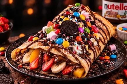 Crepa Arcoíris con frutas, chocolates y chispas