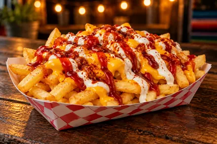 Papas especiales con queso, crema y salsas