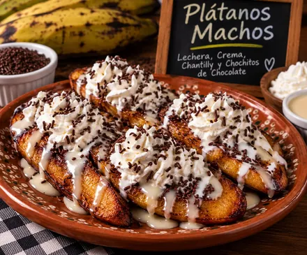 Plátanos machos con crema y lechera