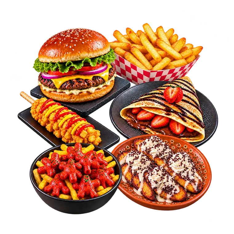 Ilustración de hamburguesa, papas, crepa, banderilla y salchipulpos