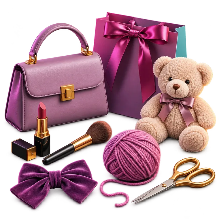 Ilustración de accesorios, maquillaje, regalos, peluche y manualidades
