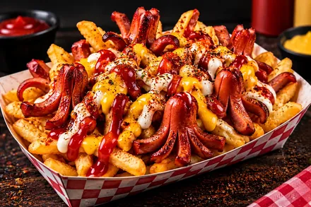 Salchipulpos con papas y salsas